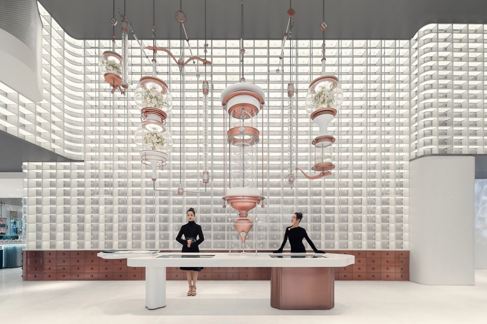 體驗店設計,零售店設計,護膚品零售店設計,美妝零售店設計,零售店設計案例,旗艦店設計,品牌店設計,花西子「隱園」全球首家線下旗艦店,杭州,立品設計Leaping Creative