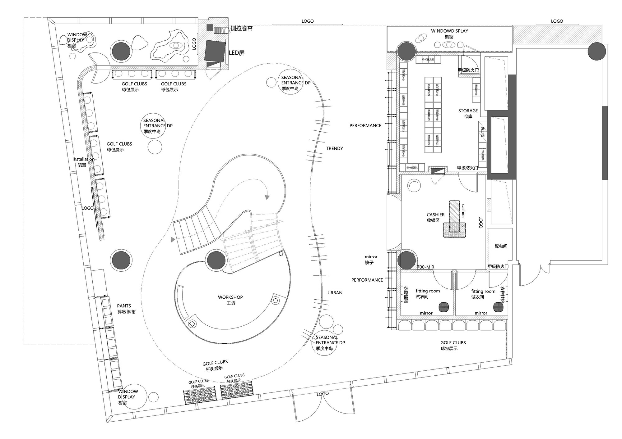 零售店設計,服裝零售店設計,服裝店設計,戶外品牌服裝零售店設計,零售店設計案例,零售店設計方案,上海HONMA之家新天地店,上海,DCDC DESIGN